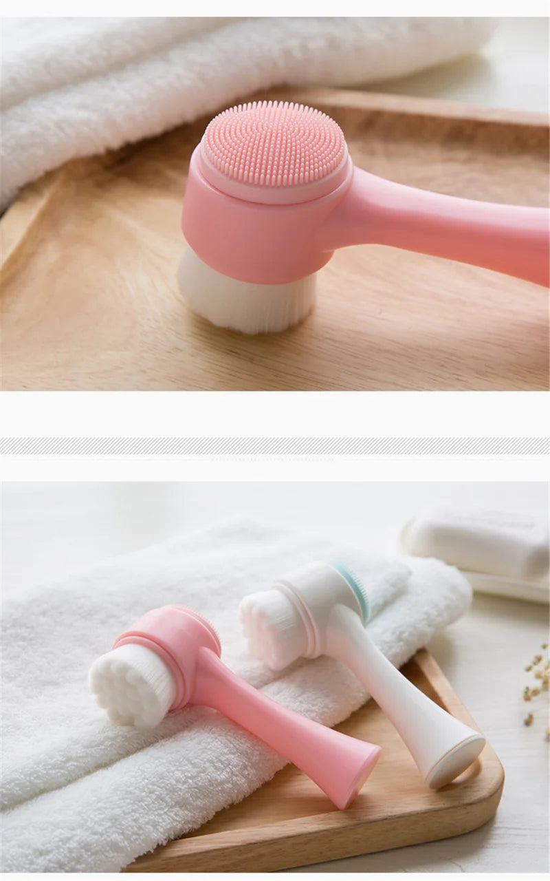 3D Double Silicone Facial Cleansing Brush Manual Massage Facial Brush Soft Bristles Exfoliator Double Sided Face Wash Brush